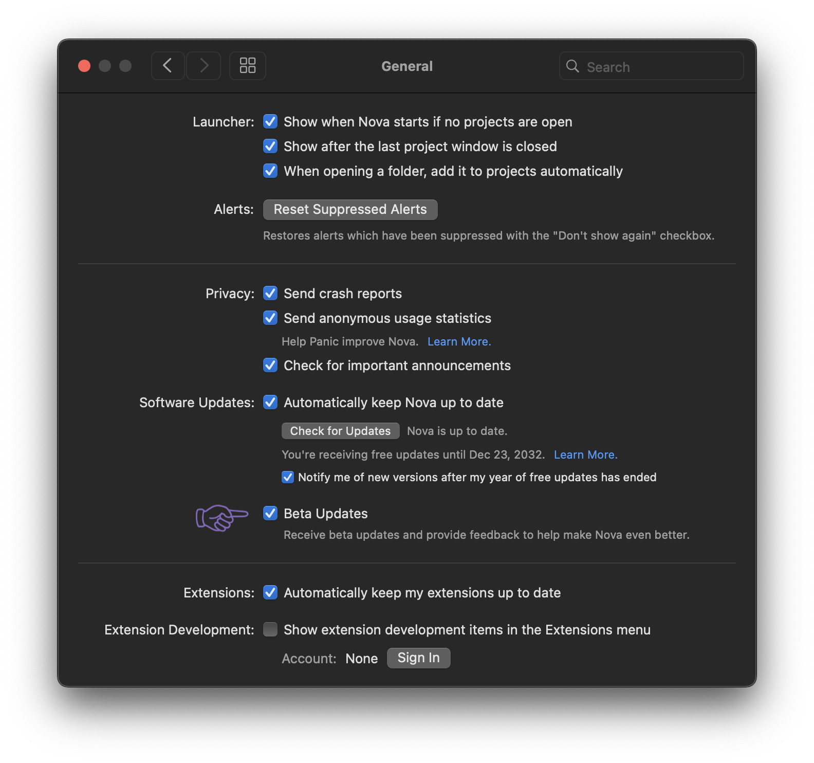 The Beta Builds section of Nova's Settings The Beta Builds section of Nova's Settings