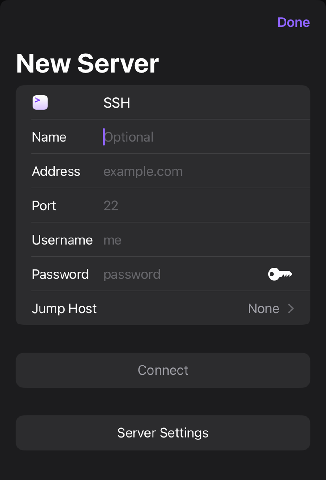 The New Server sheet.