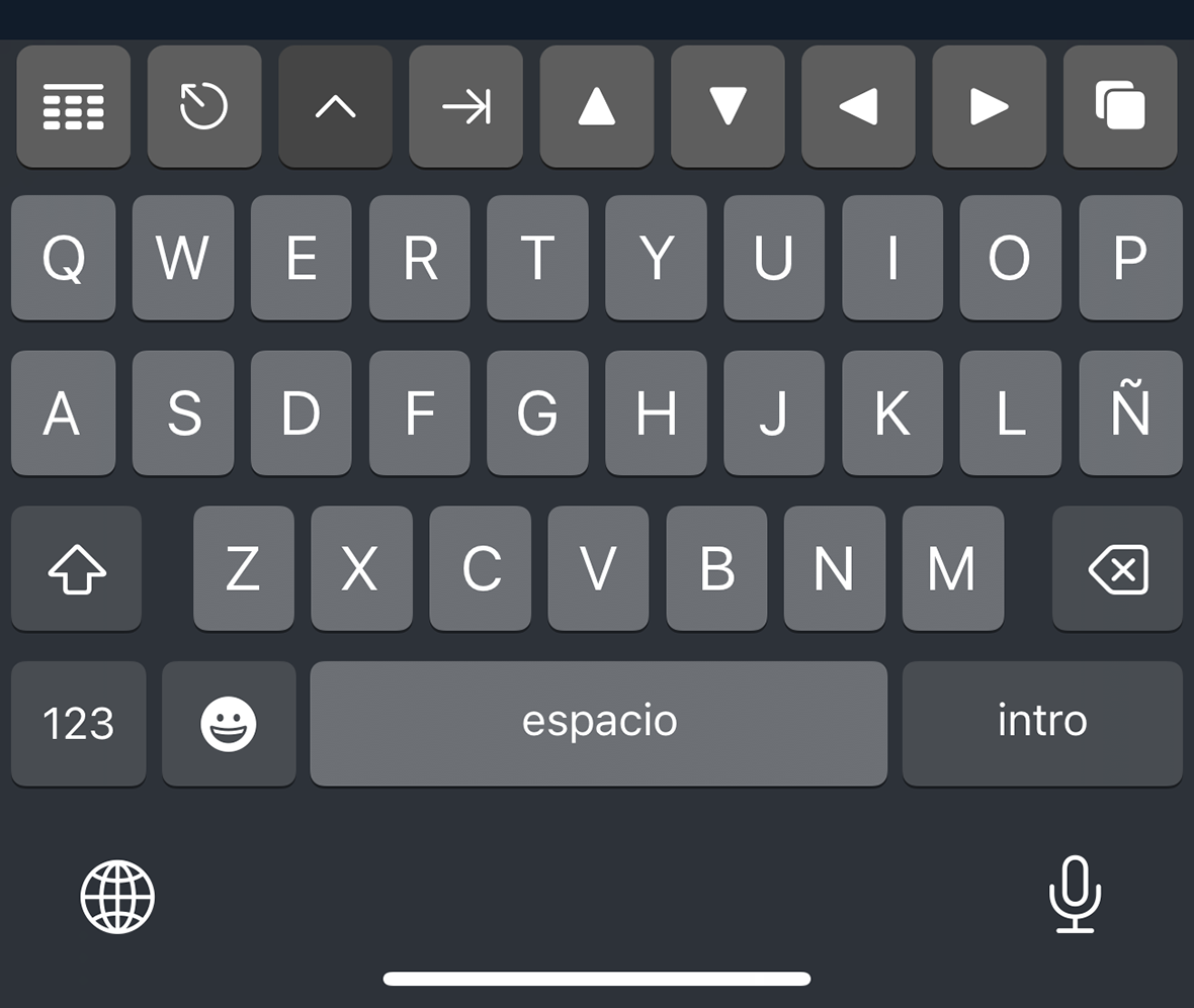 The virtual keyboard and extra keyboard row in Prompt for iOS. The virtual keyboard and extra keyboard row in Prompt for iOS.