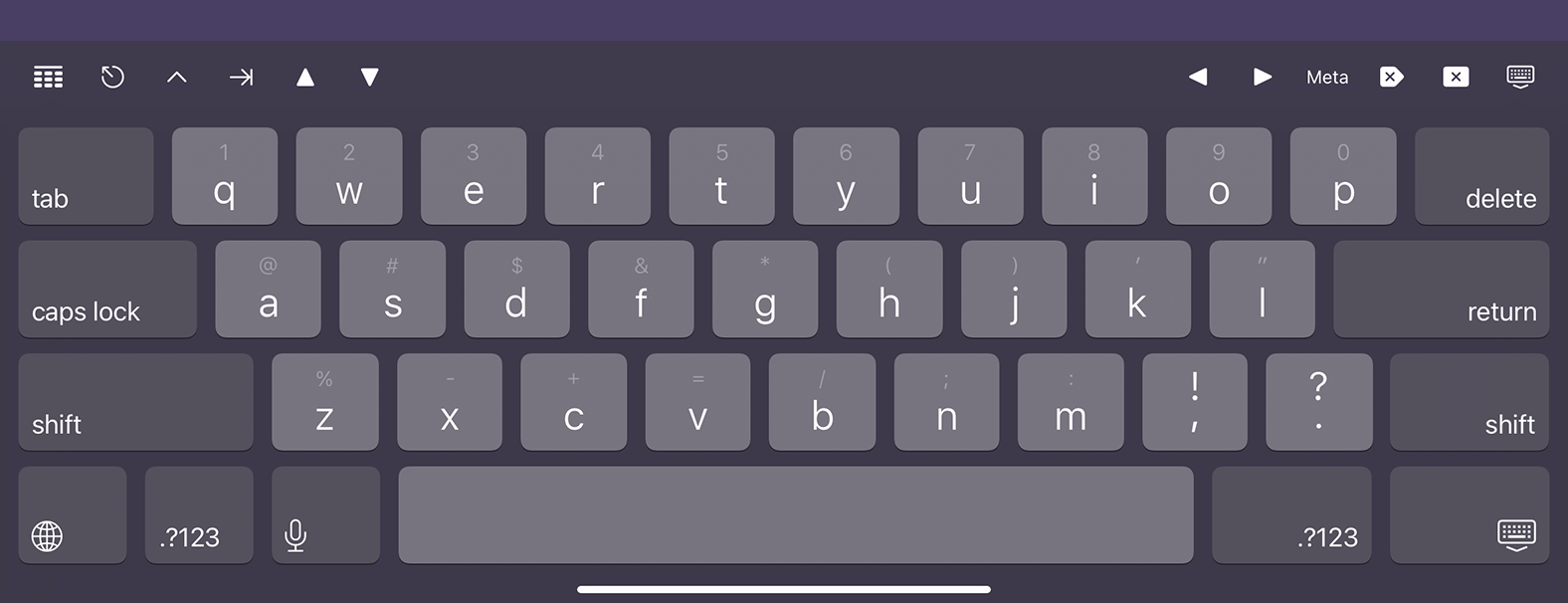 The virtual keyboard in Prompt for iPadOS. The virtual keyboard in Prompt for iPadOS.